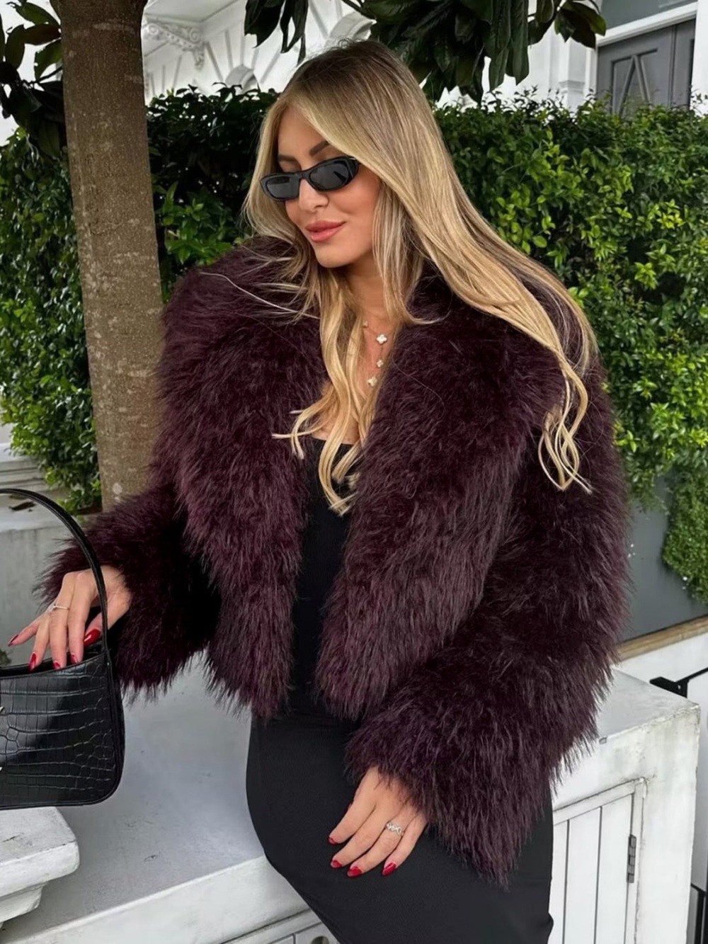 Commense Fuzzy Faux Fur Short Coat in Burgundy size Small. New with tag